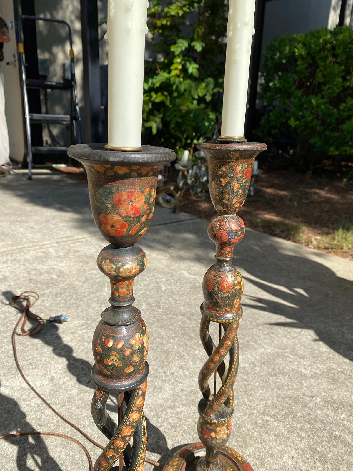 19th Century Pair of 19th-20th Century Continental Kashmiri Candlesticks as Lamps For Sale