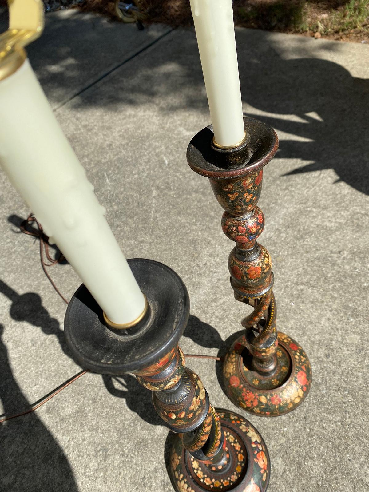 Wood Pair of 19th-20th Century Continental Kashmiri Candlesticks as Lamps For Sale