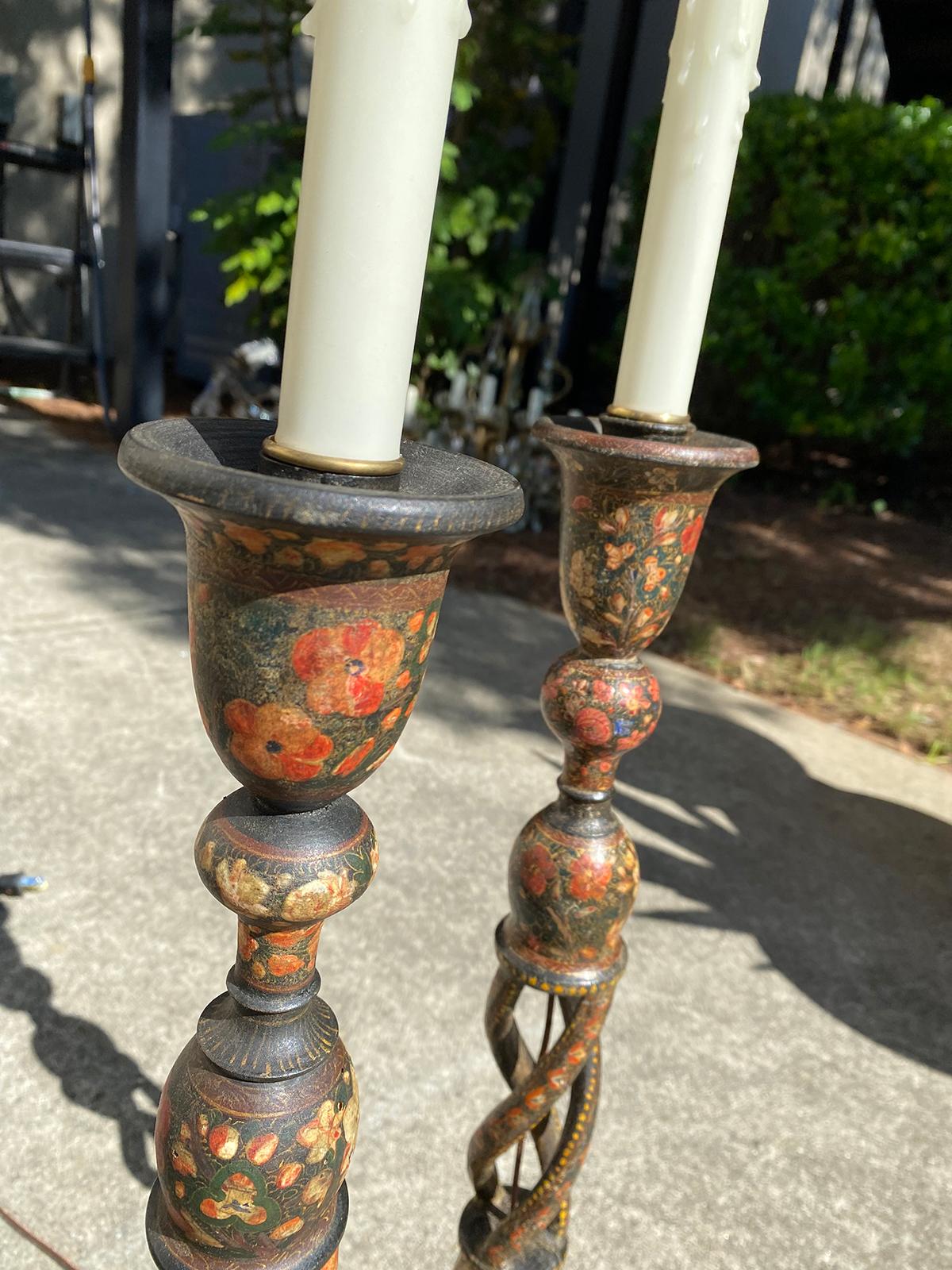 Pair of 19th-20th Century Continental Kashmiri Candlesticks as Lamps For Sale 1