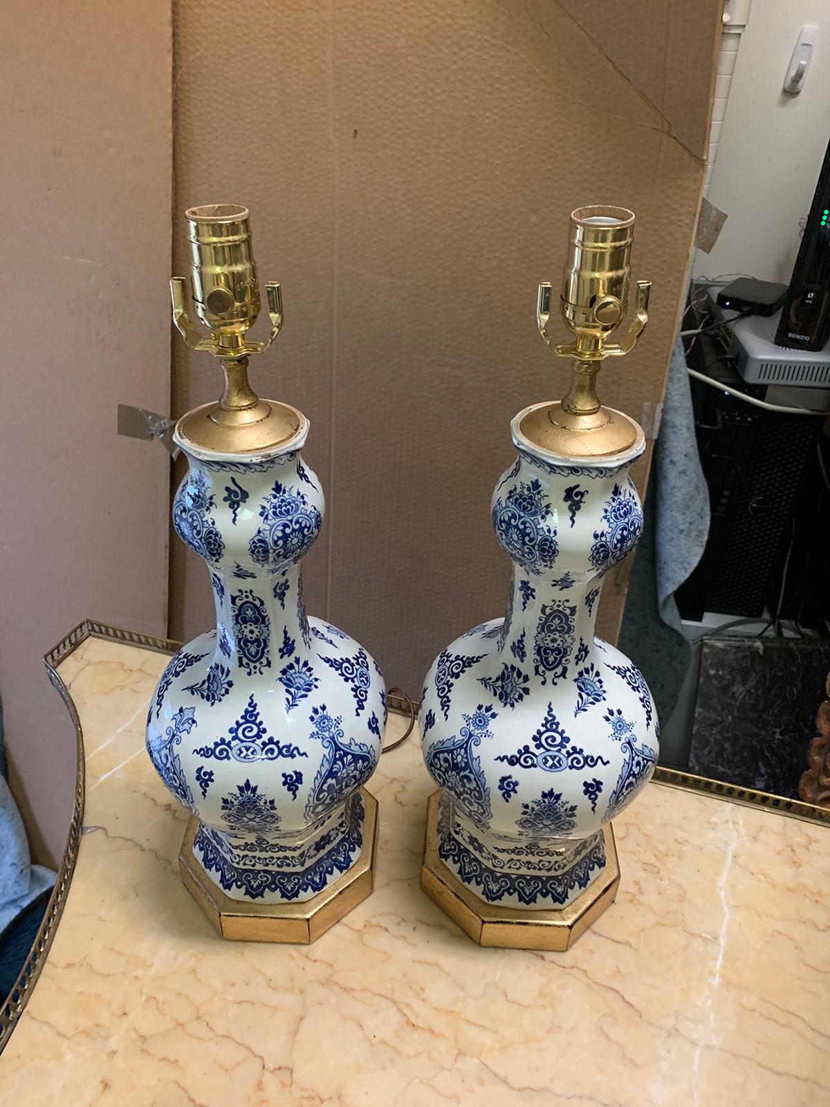 Pair of 19th-20th Century Delft Blue & White Vases as Lamps, Custom Gilded Bases 6