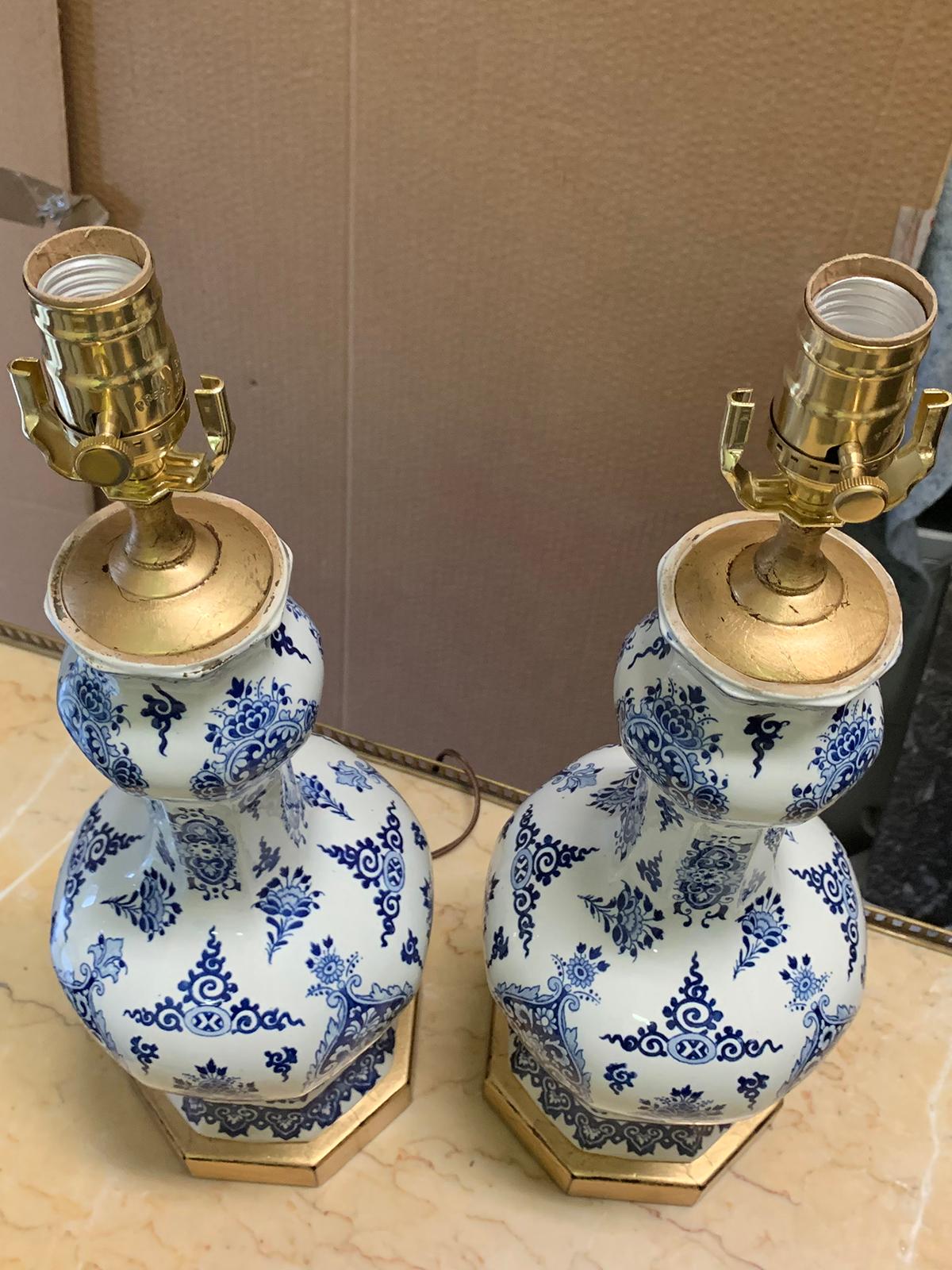 Pair of 19th-20th Century Delft Blue & White Vases as Lamps, Custom Gilded Bases 8