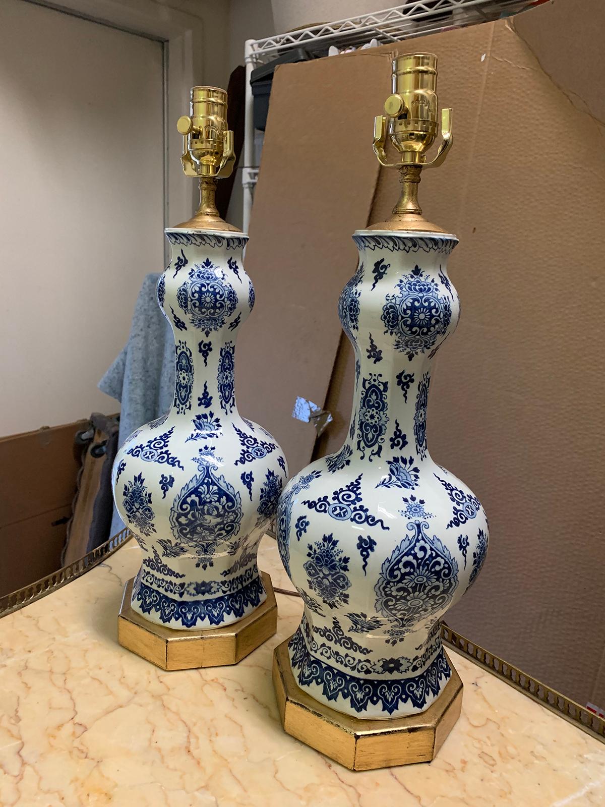Pair of 19th-20th Century Delft Blue & White Vases as Lamps, Custom Gilded Bases In Good Condition In Atlanta, GA