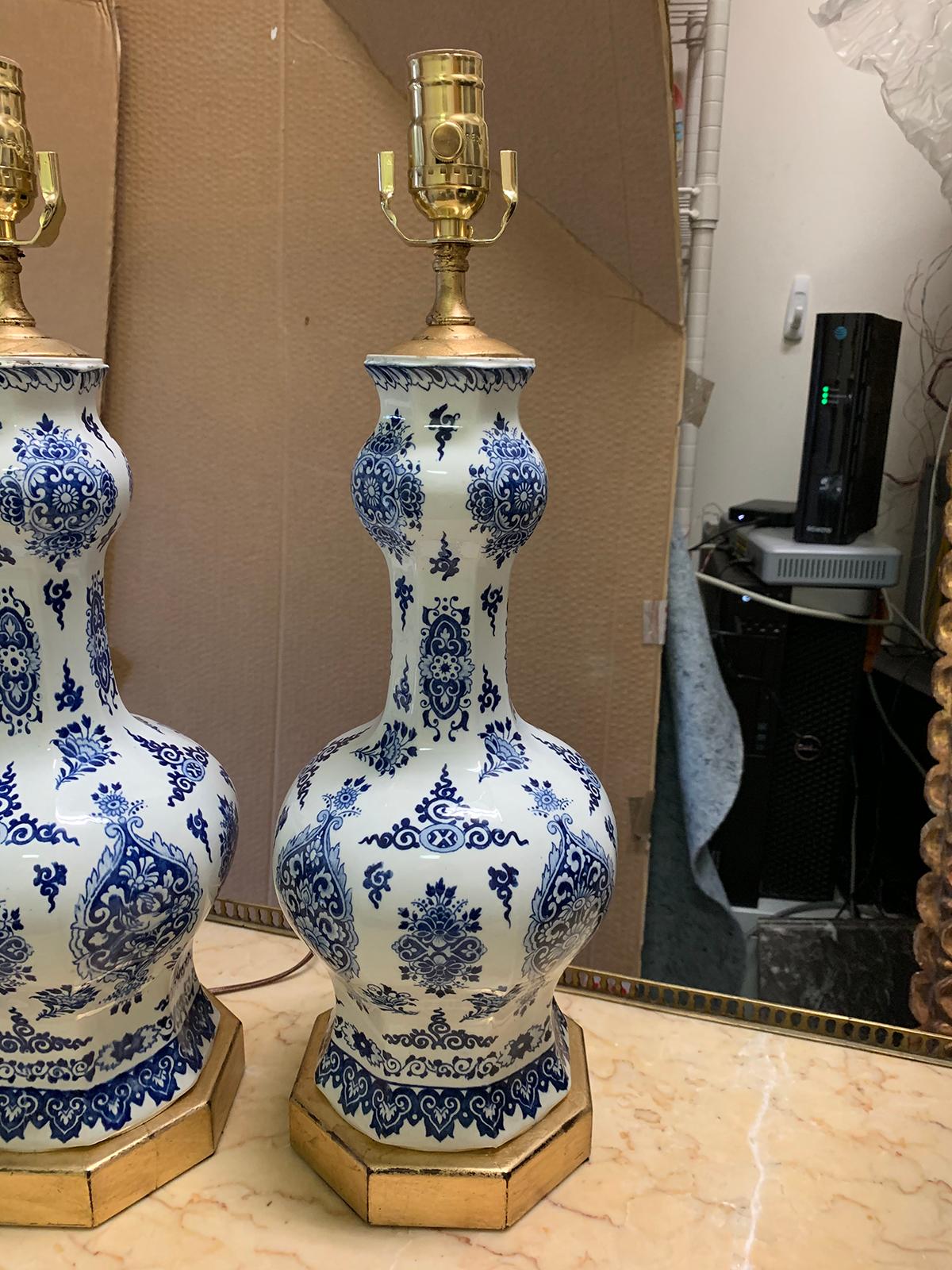 Porcelain Pair of 19th-20th Century Delft Blue & White Vases as Lamps, Custom Gilded Bases