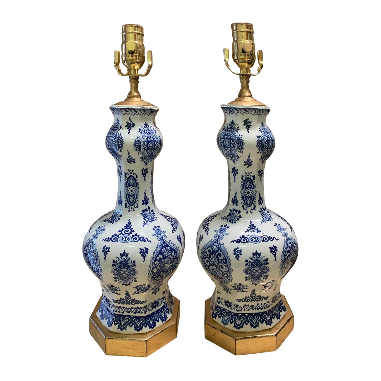 Pair of 19th-20th Century Delft Blue & White Vases as Lamps, Custom Gilded Bases