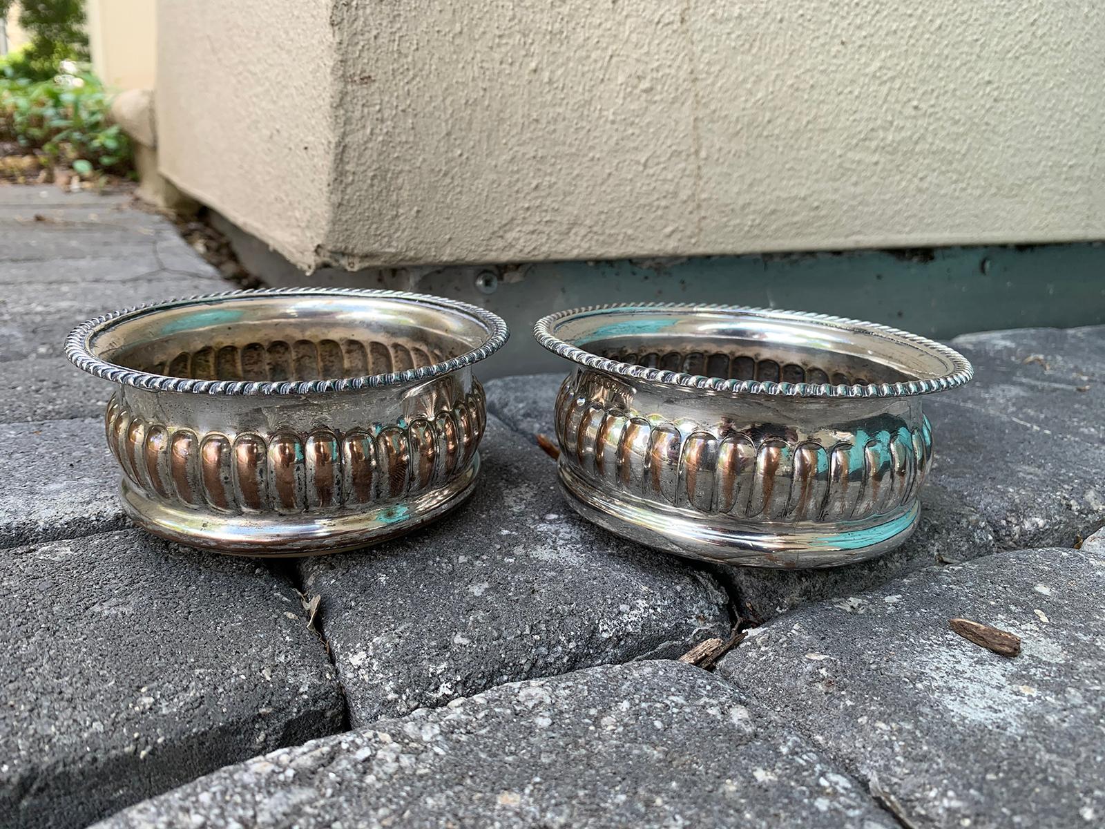 19th Century Pair of 19th-20th Century English Sheffield Silver Plate and Wood Wind Coasters For Sale