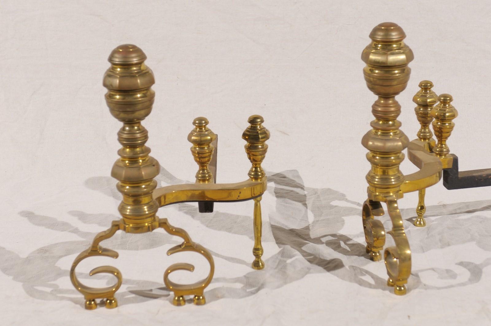 Pair of 19th-20th Century Federal Style Turned Brass Andirons For Sale 7