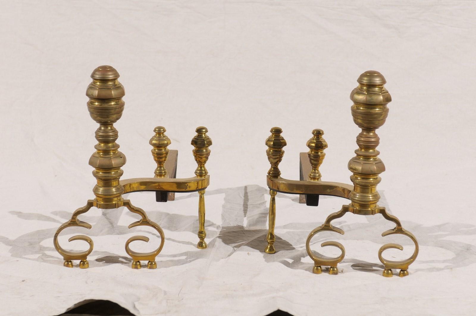 Pair of 19th-20th century Federal style turned brass andirons.