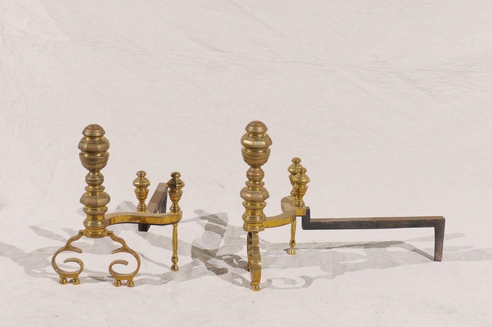 Pair of 19th-20th Century Federal Style Turned Brass Andirons For Sale 6