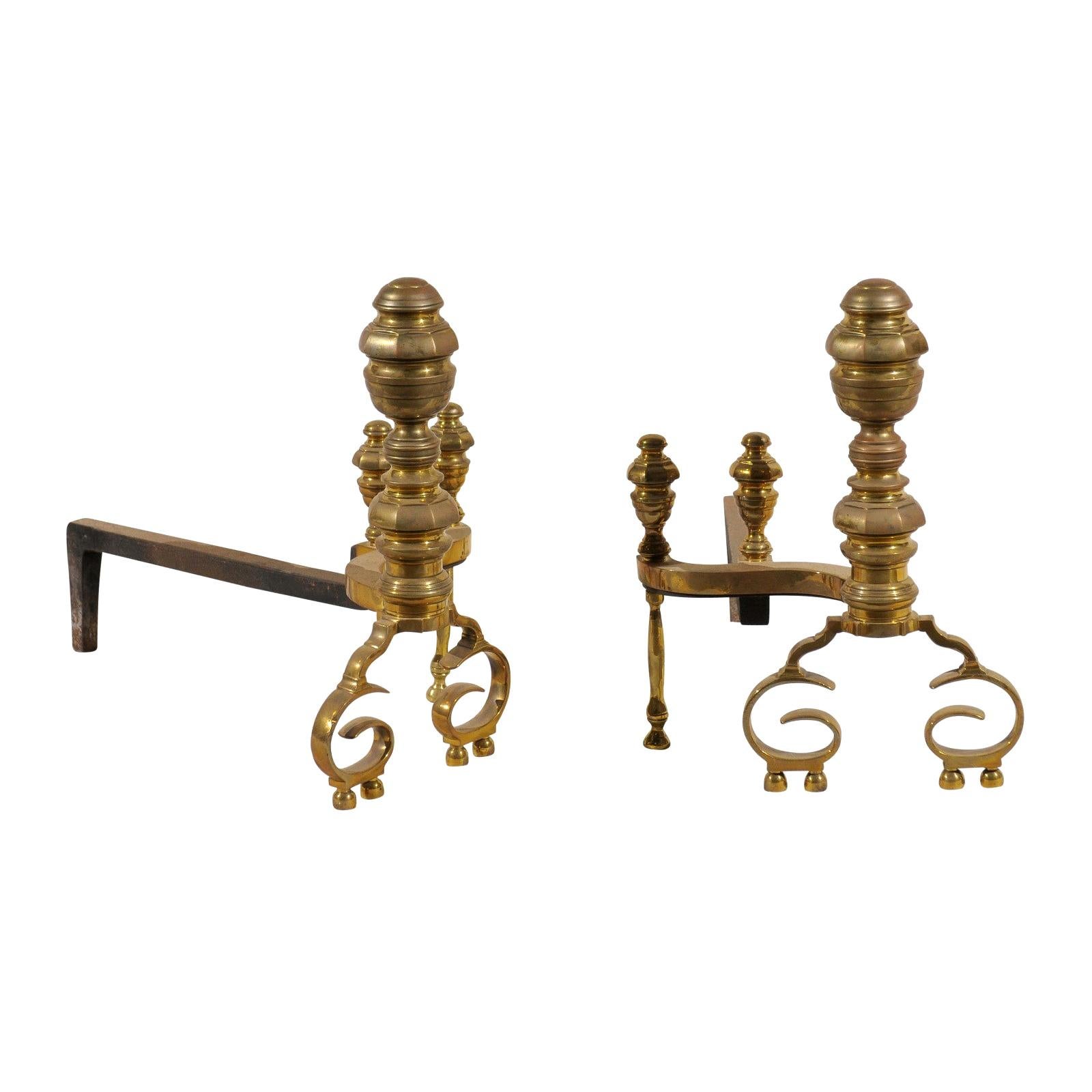 Pair of 19th-20th Century Federal Style Turned Brass Andirons For Sale