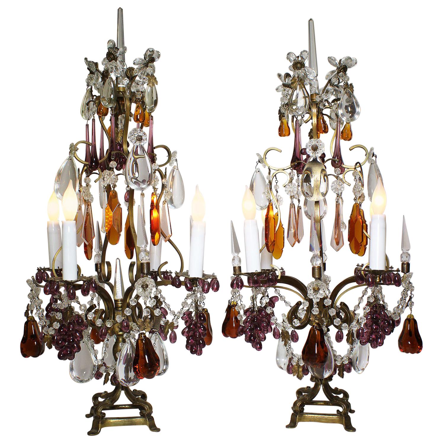 Pair of 19th-20th Century Florentine Cut-Glass Fruit Girandole Table Lamps