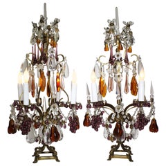 Antique Pair of 19th-20th Century Florentine Cut-Glass Fruit Girandole Table Lamps