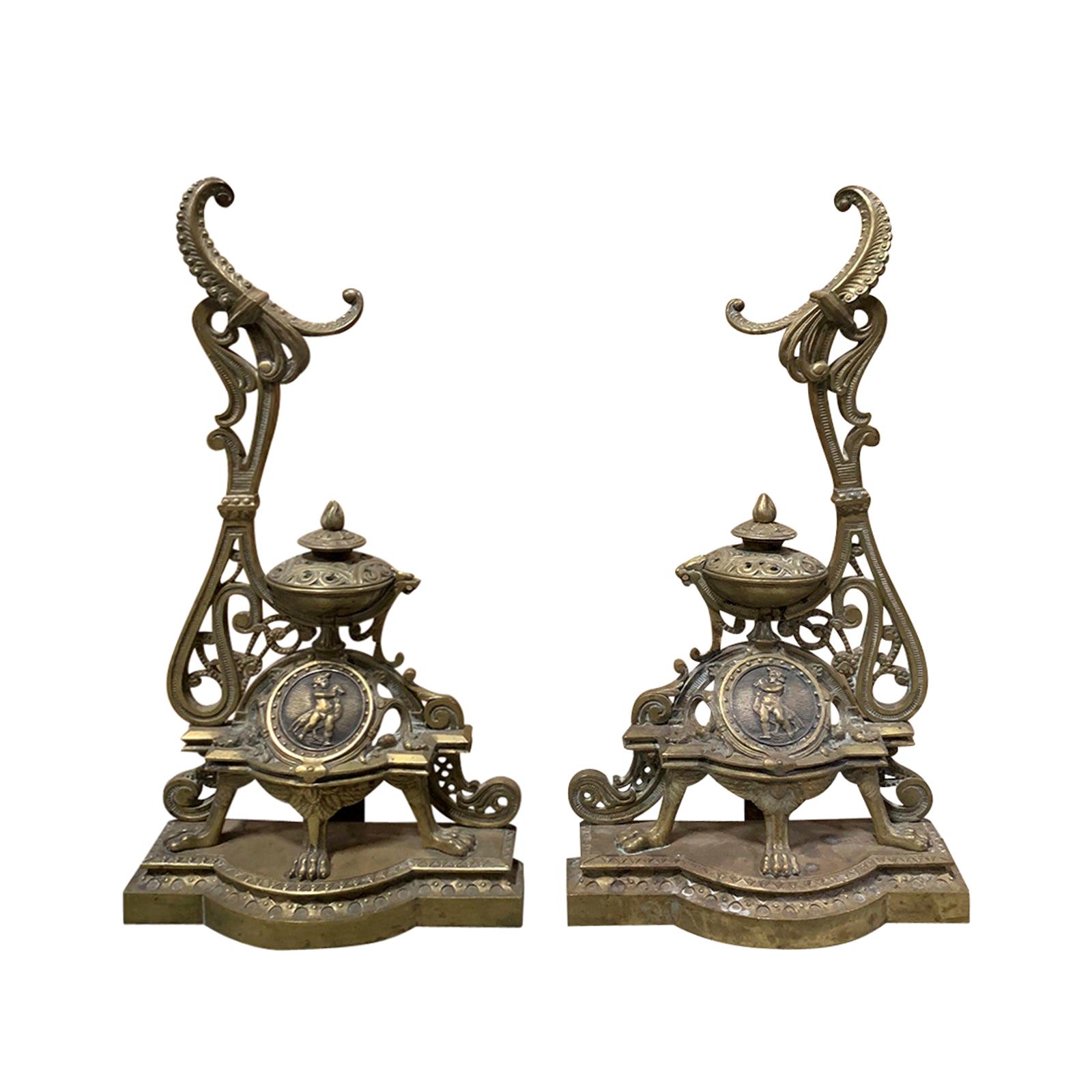 Pair of 19th20th Century French Bronze Fireplace with Tool