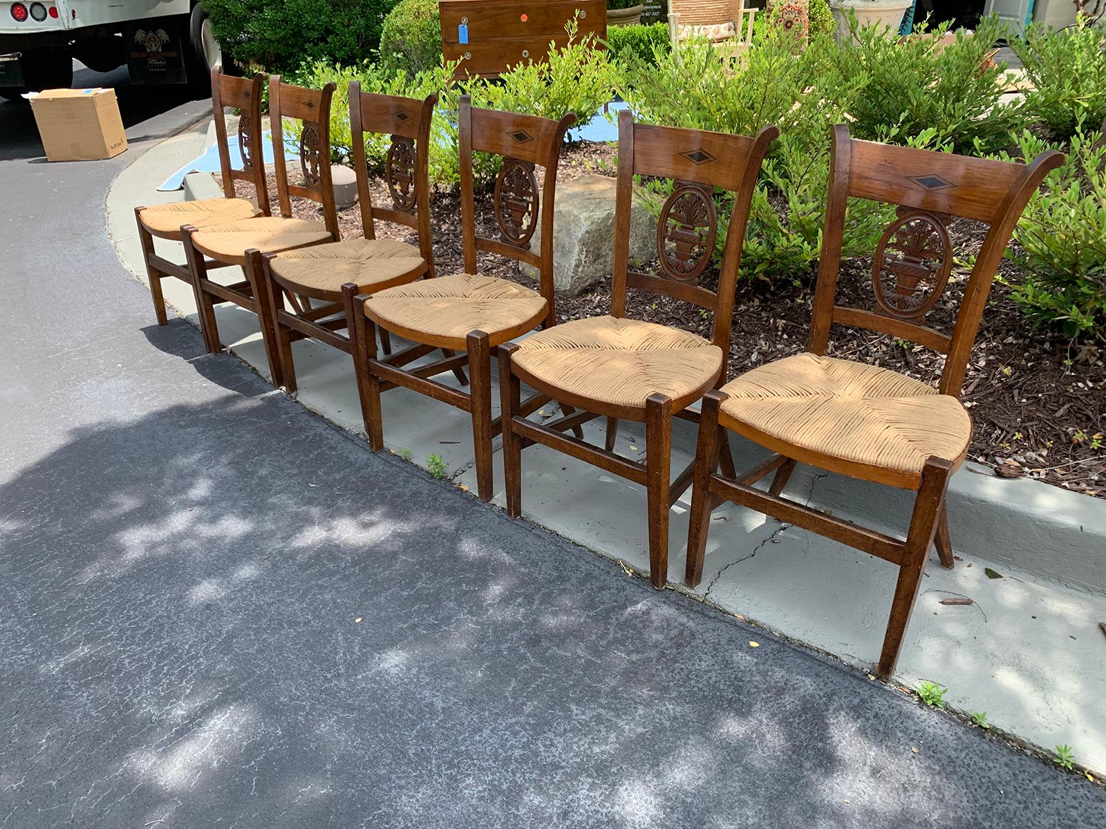 Pair of 19th-20th Century French Country Carved Side Chairs with Rush Seats 7