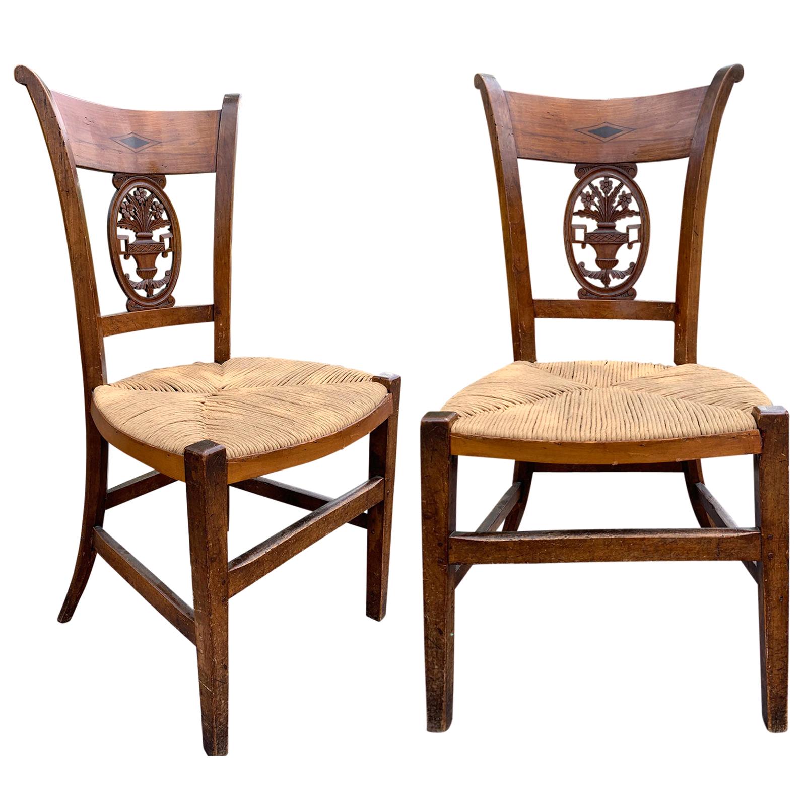 Pair of 19th-20th Century French Country Carved Side Chairs with Rush Seats