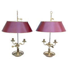 Pair of 19th-20th Century French Gilt Bronze Bouillotte Lamps, Red Tole Shades
