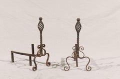 Pair of 19th-20th Century French Twist Iron Andirons with Scroll Feet
