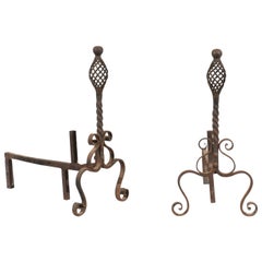 Pair of 19th-20th Century French Twist Iron Andirons with Scroll Feet