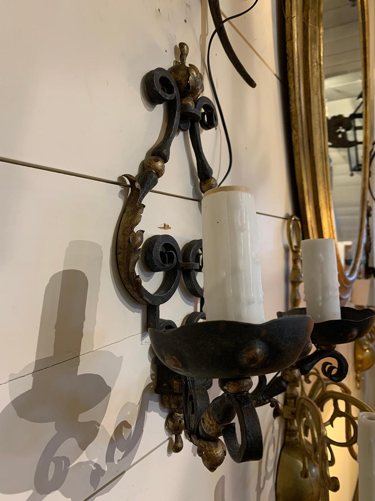 Pair of 19th-20th Century French Two-Arm Black Iron and Gilt Sconces 6