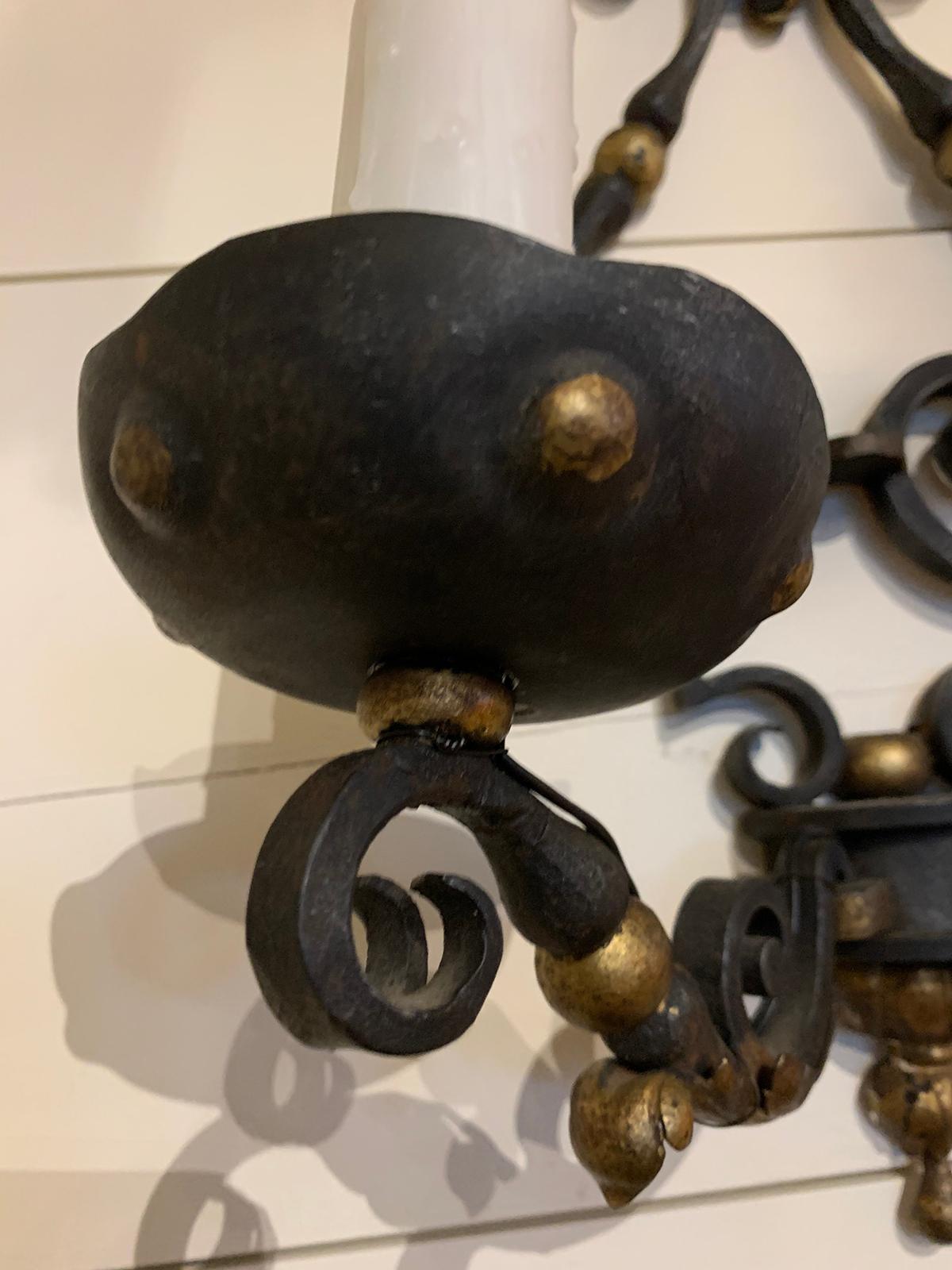 Pair of 19th-20th Century French Two-Arm Black Iron and Gilt Sconces 7