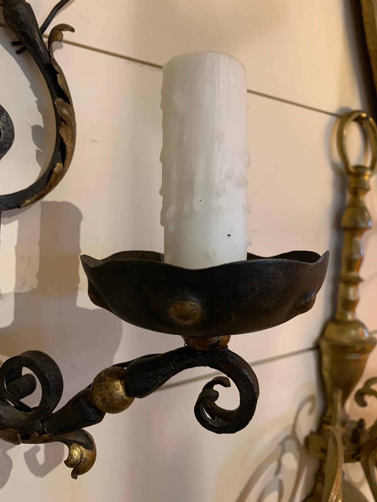 Pair of 19th-20th Century French Two-Arm Black Iron and Gilt Sconces 8