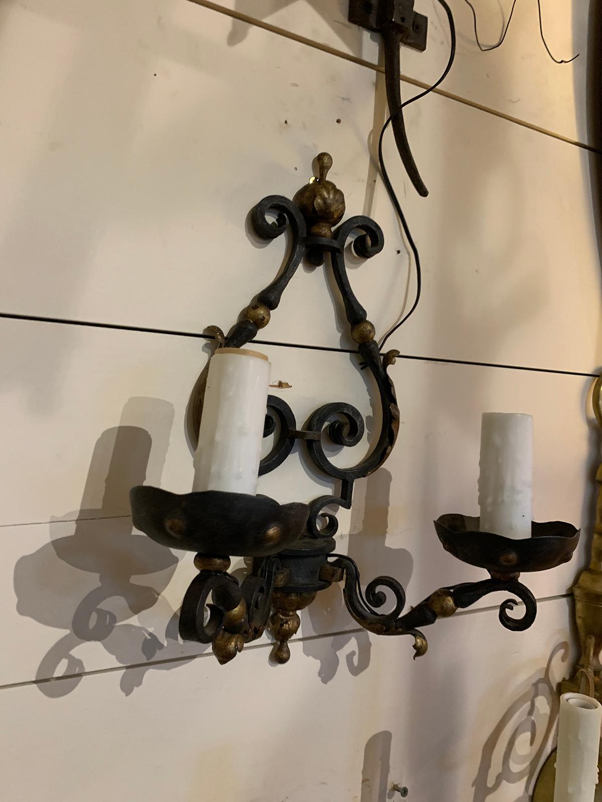 Pair of 19th-20th Century French Two-Arm Black Iron and Gilt Sconces 9