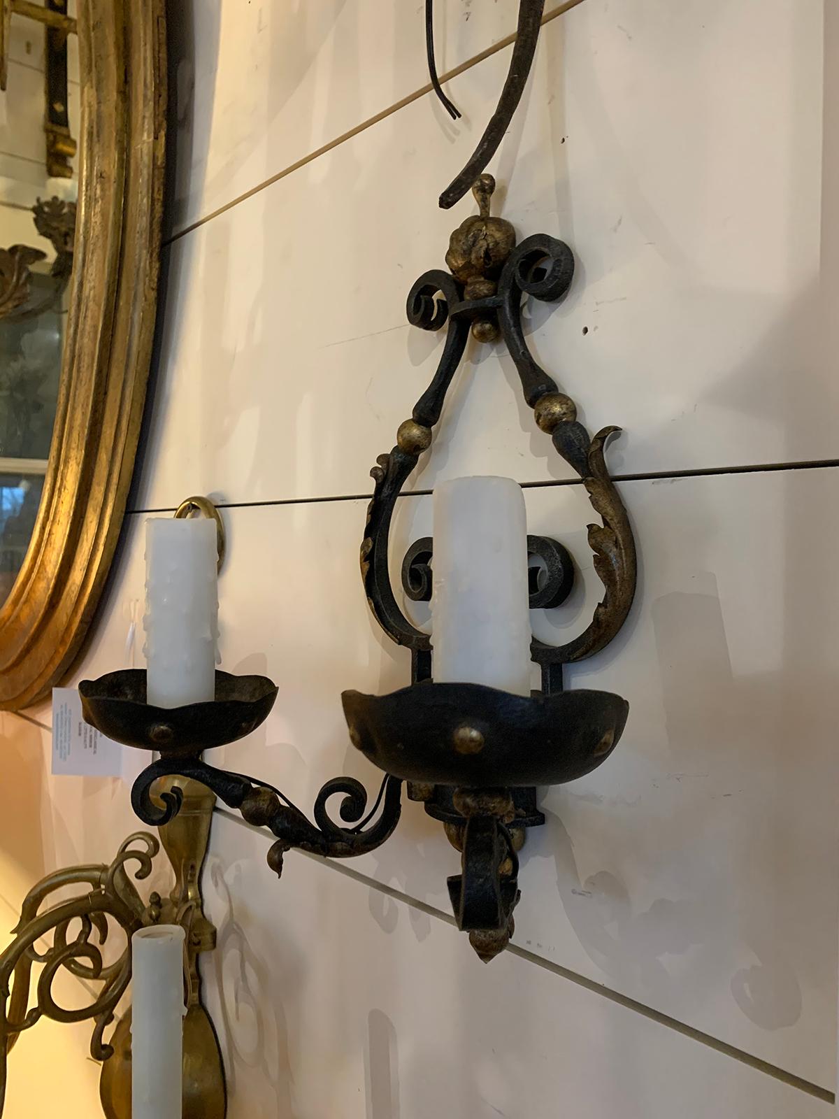 Pair of 19th-20th Century French Two-Arm Black Iron and Gilt Sconces In Good Condition In Atlanta, GA