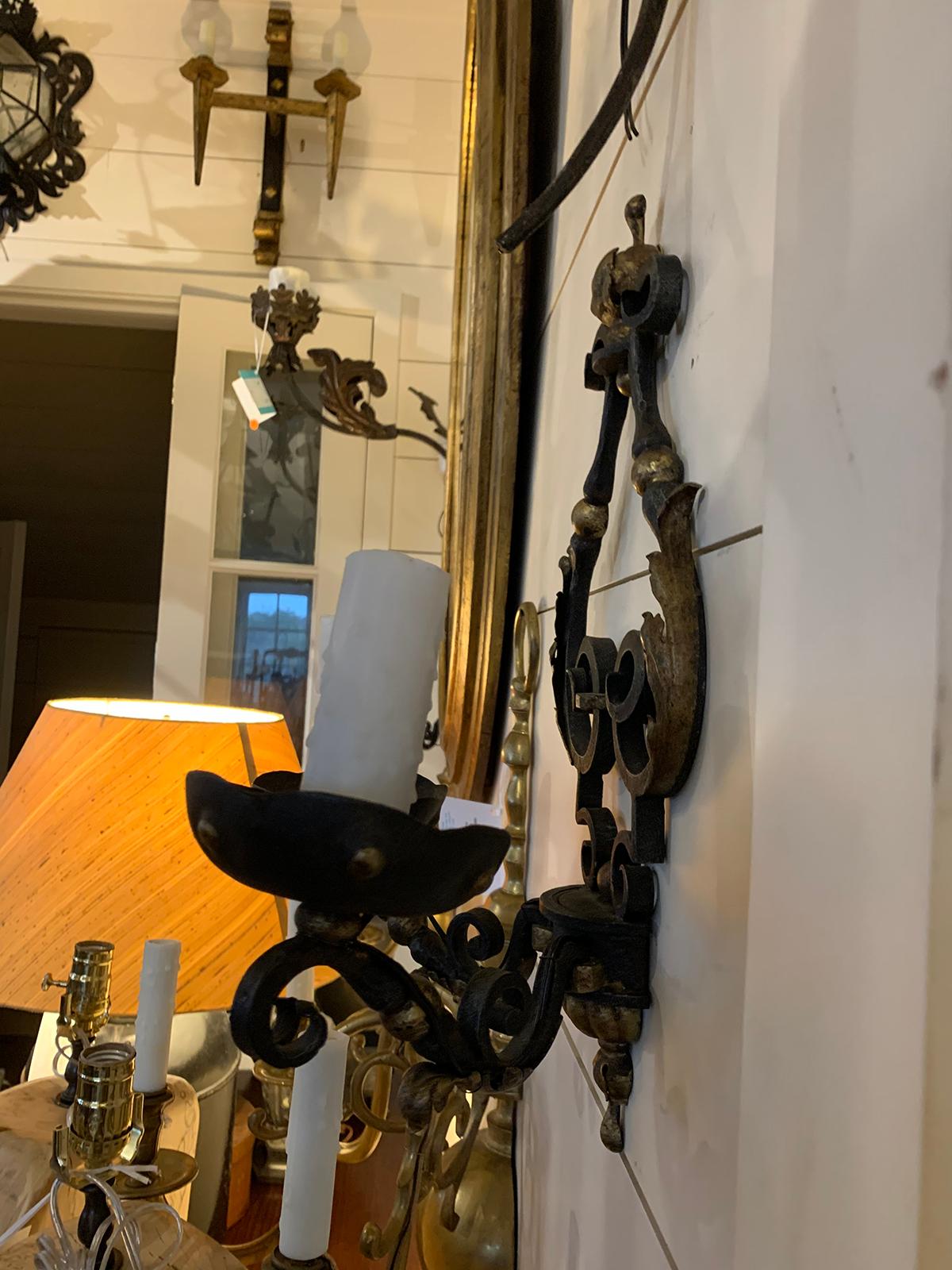 Metal Pair of 19th-20th Century French Two-Arm Black Iron and Gilt Sconces