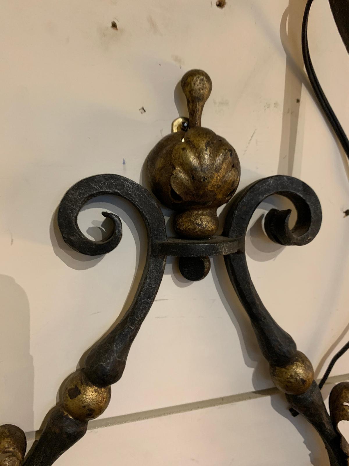 Pair of 19th-20th Century French Two-Arm Black Iron and Gilt Sconces 2