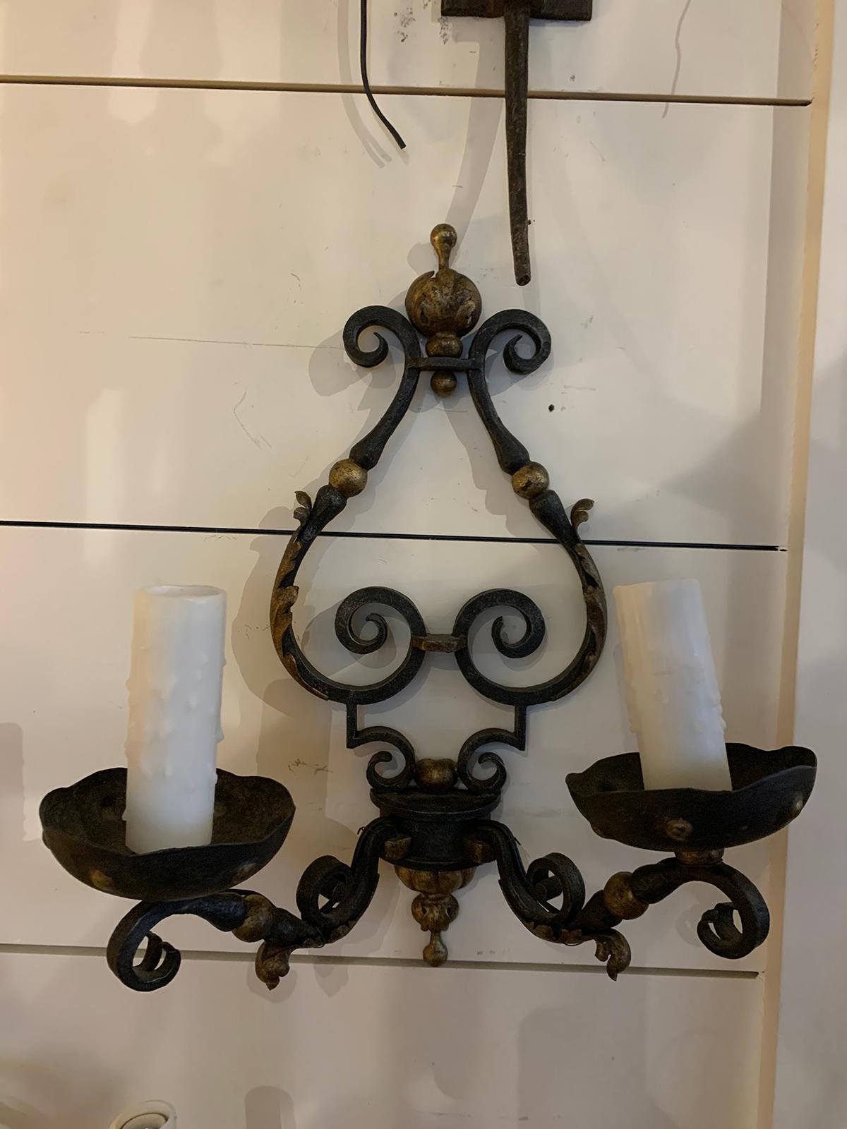 Pair of 19th-20th Century French Two-Arm Black Iron and Gilt Sconces 4