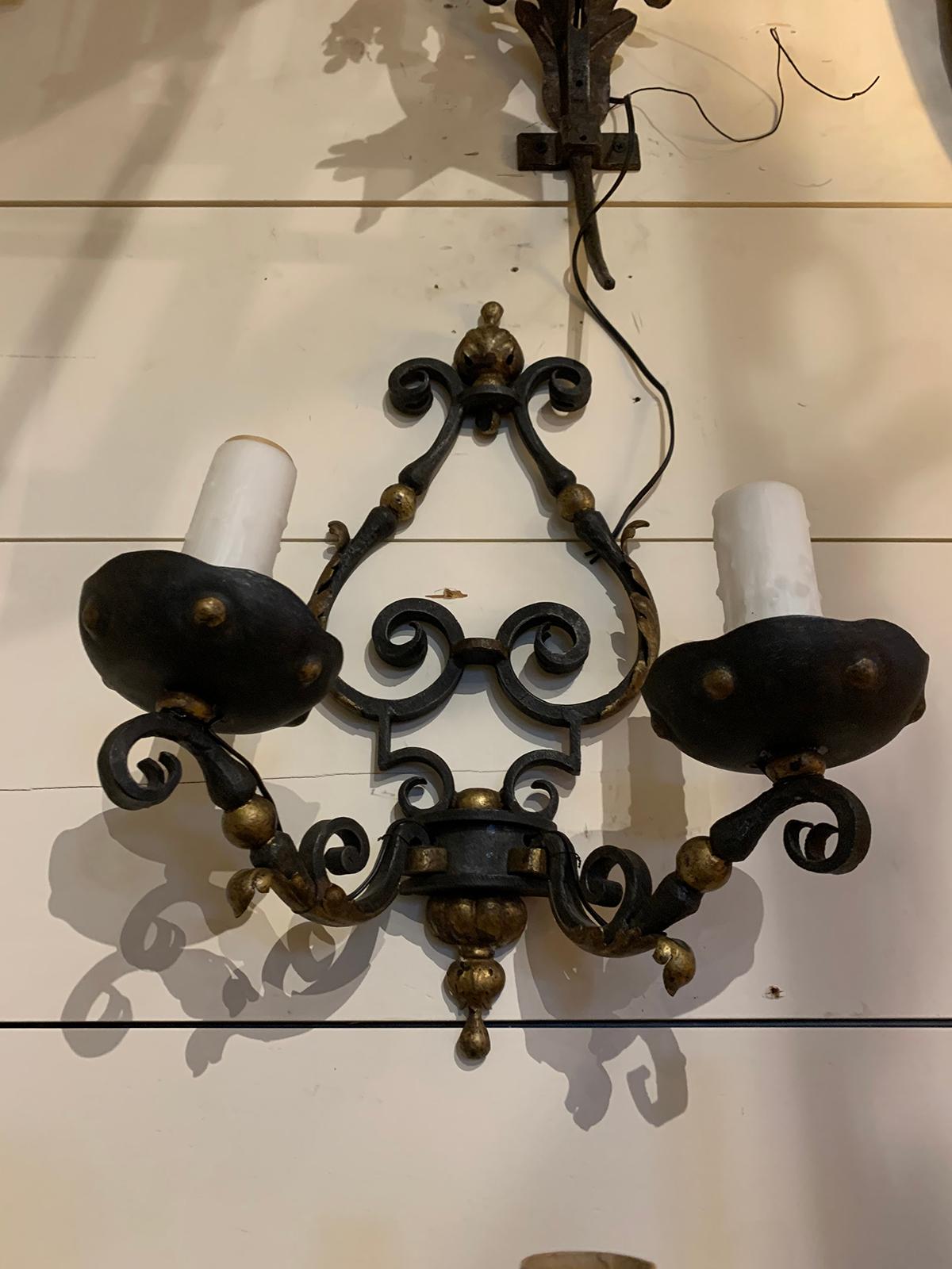 Pair of 19th-20th Century French Two-Arm Black Iron and Gilt Sconces 5