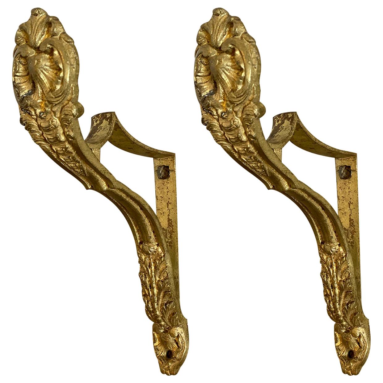 Pair of 19th-20th Century Gilt Bronze Curtain Rod Brackets For Sale