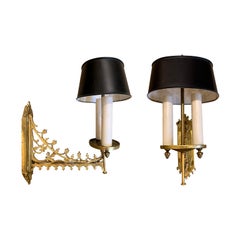 Pair of 19th-20th Century Gilt Metal Two-Arm Sconces with Oval Tole Shades