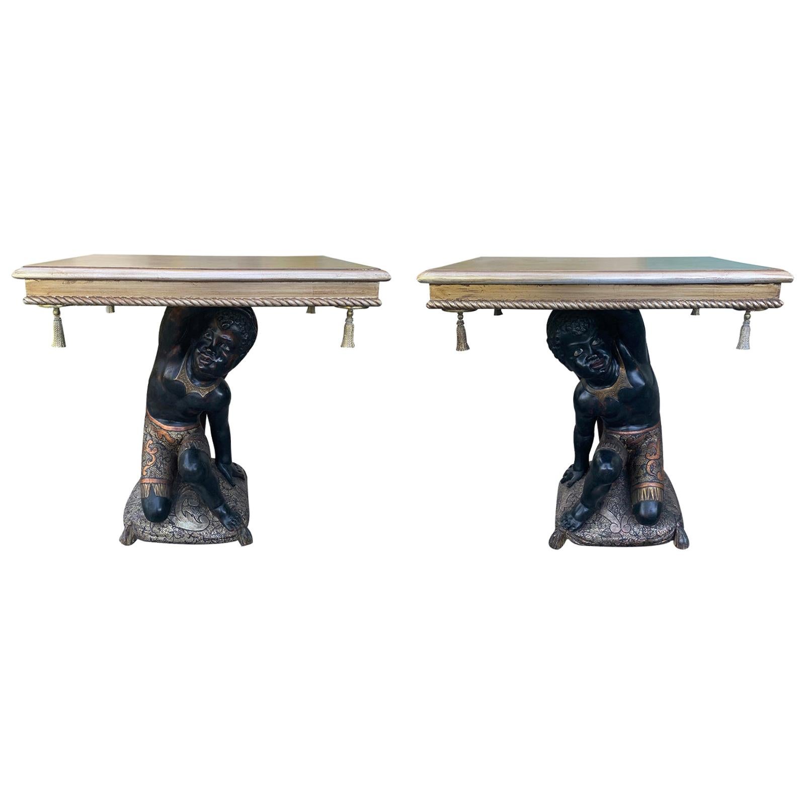 Pair of 19th-20th Century Giltwood & Polychrome Side Tables with Brass Tassels