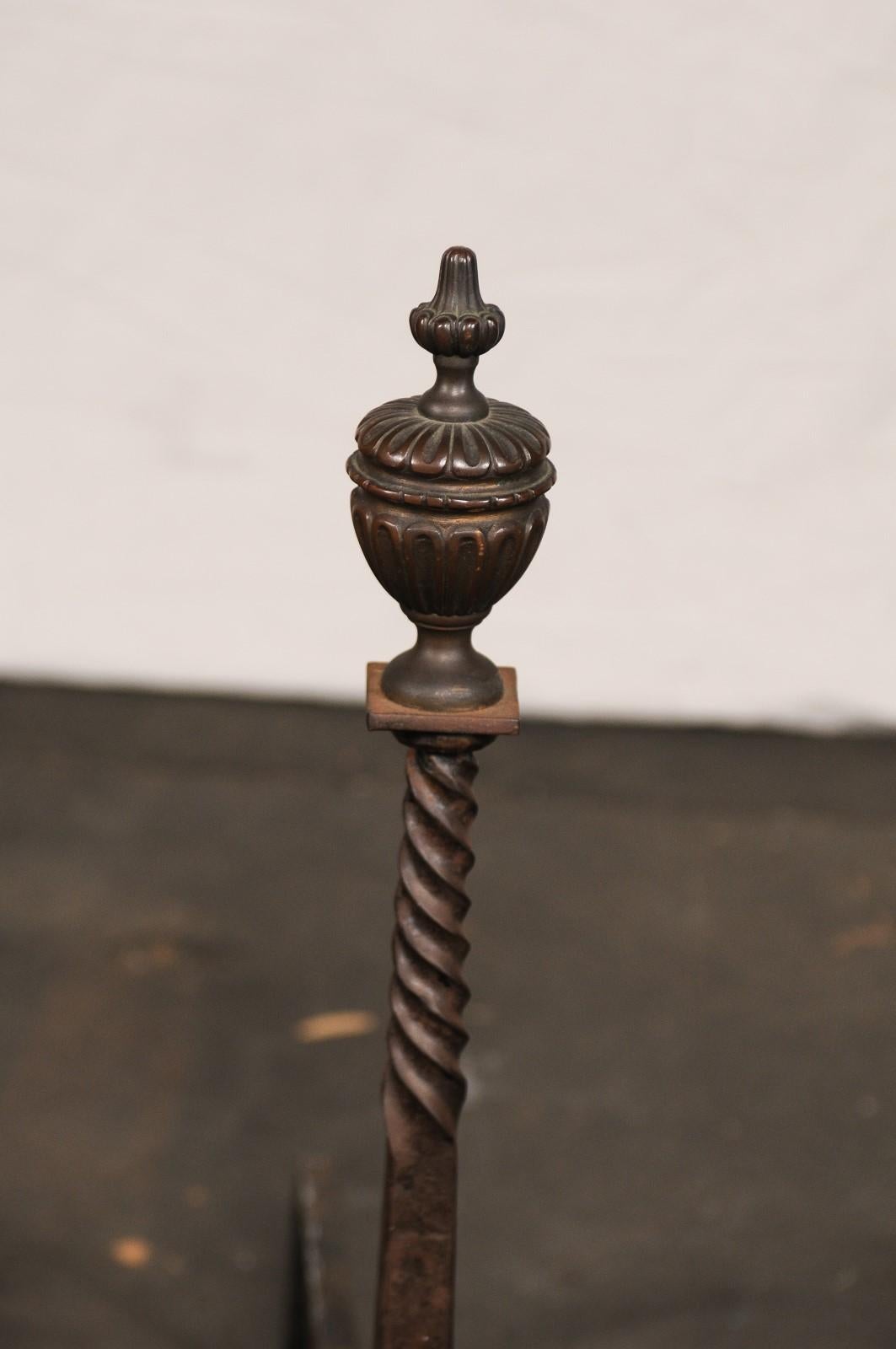Pair of 19th-20th Century Iron Andirons with Partial Twist Columns & Urn Finials For Sale 7