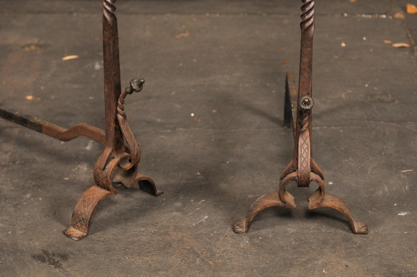 Pair of 19th-20th Century Iron Andirons with Partial Twist Columns & Urn Finials For Sale 1