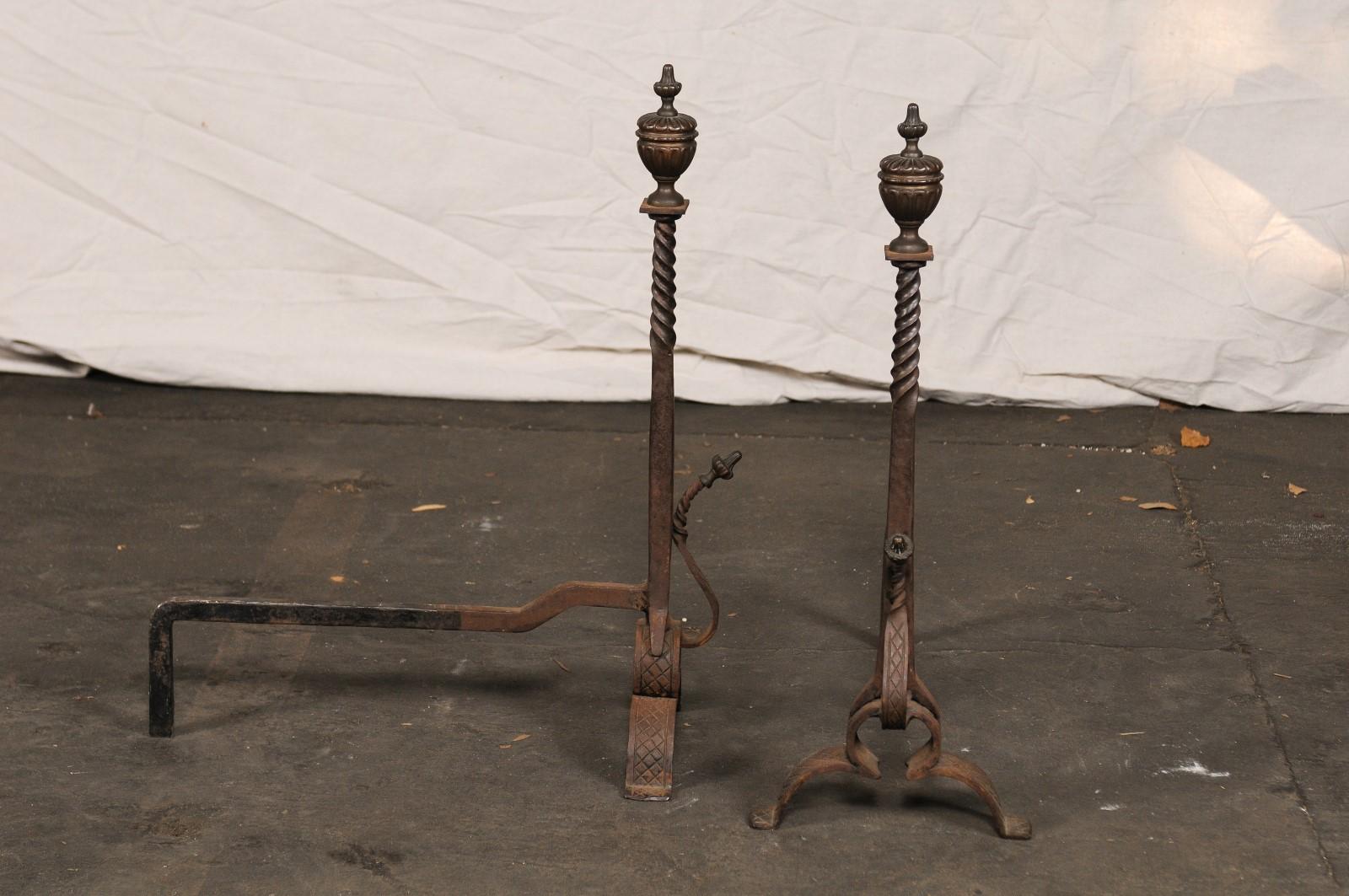 Pair of 19th-20th Century Iron Andirons with Partial Twist Columns & Urn Finials For Sale 2