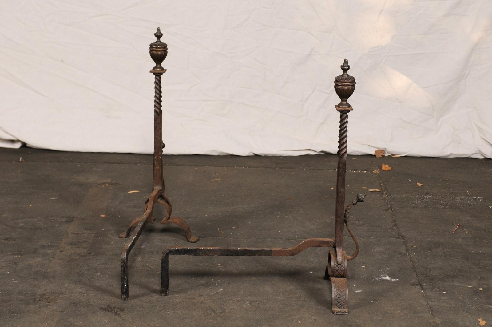 Pair of 19th-20th Century Iron Andirons with Partial Twist Columns & Urn Finials For Sale 3