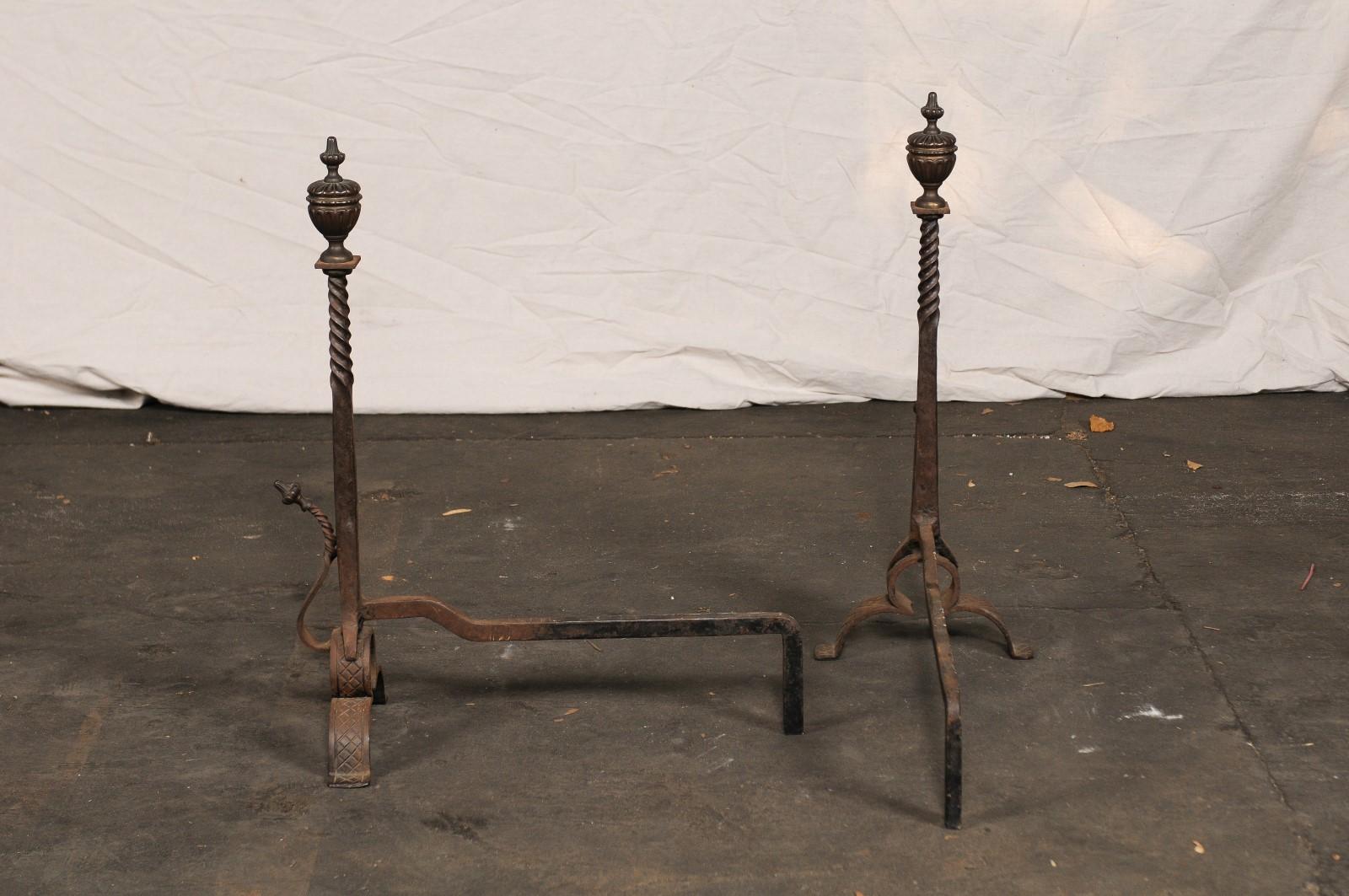 Pair of 19th-20th Century Iron Andirons with Partial Twist Columns & Urn Finials For Sale 4