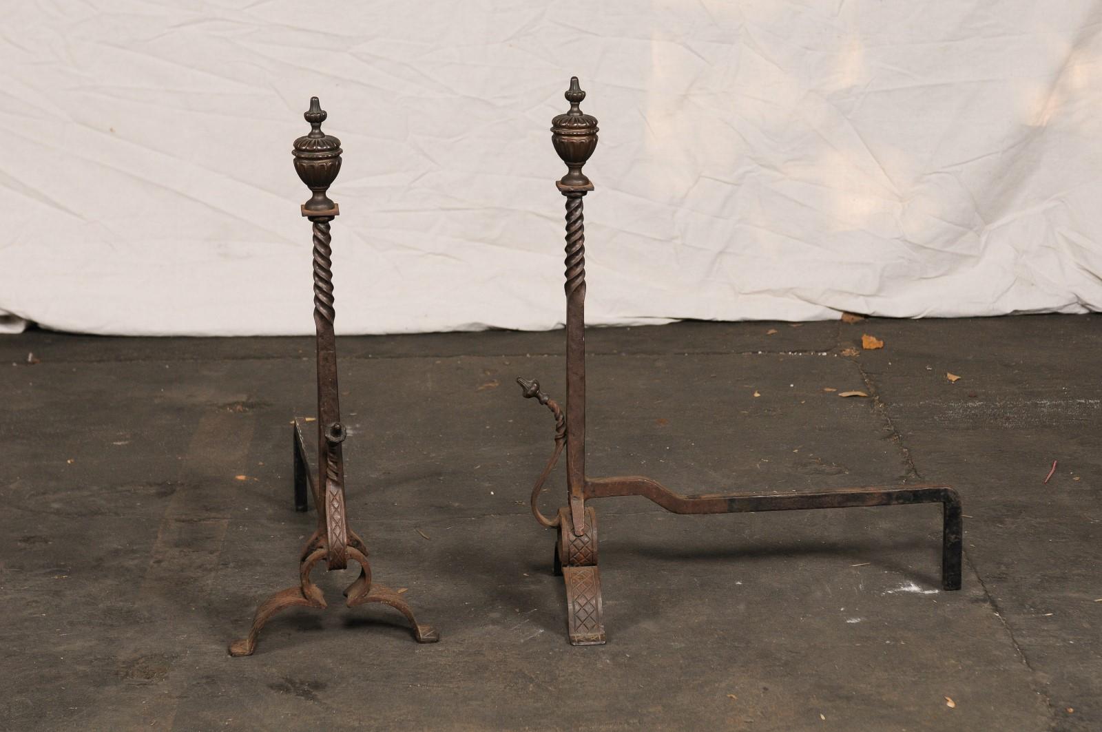 Pair of 19th-20th Century Iron Andirons with Partial Twist Columns & Urn Finials For Sale 5