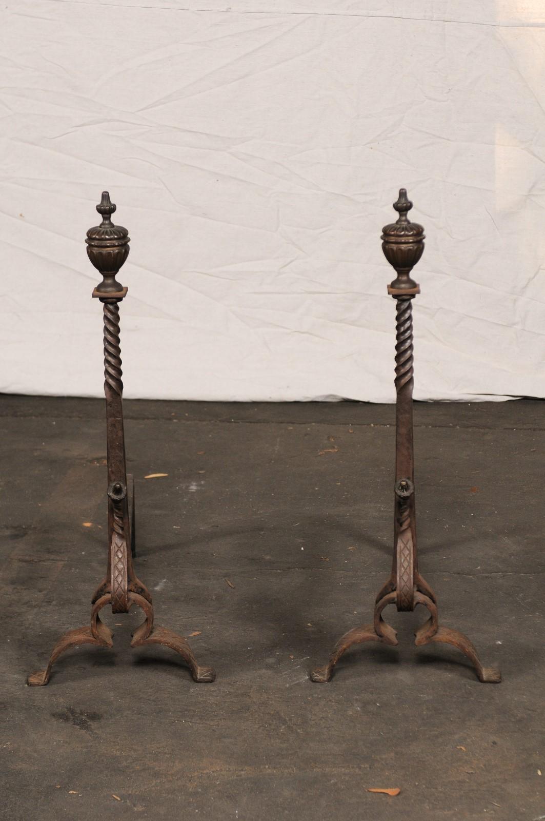 Pair of 19th-20th Century Iron Andirons with Partial Twist Columns & Urn Finials For Sale 6