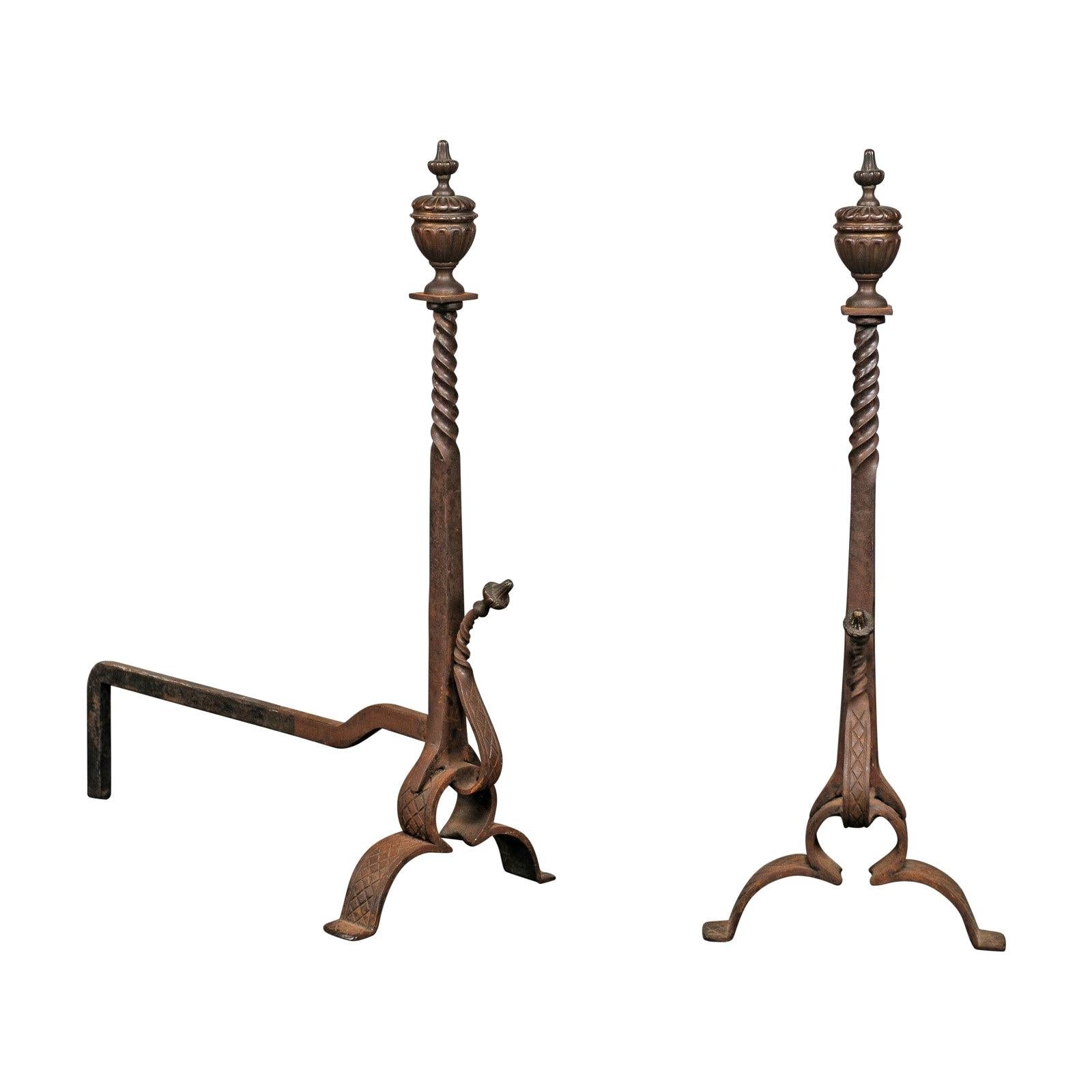 Pair of 19th-20th Century Iron Andirons with Partial Twist Columns & Urn Finials For Sale