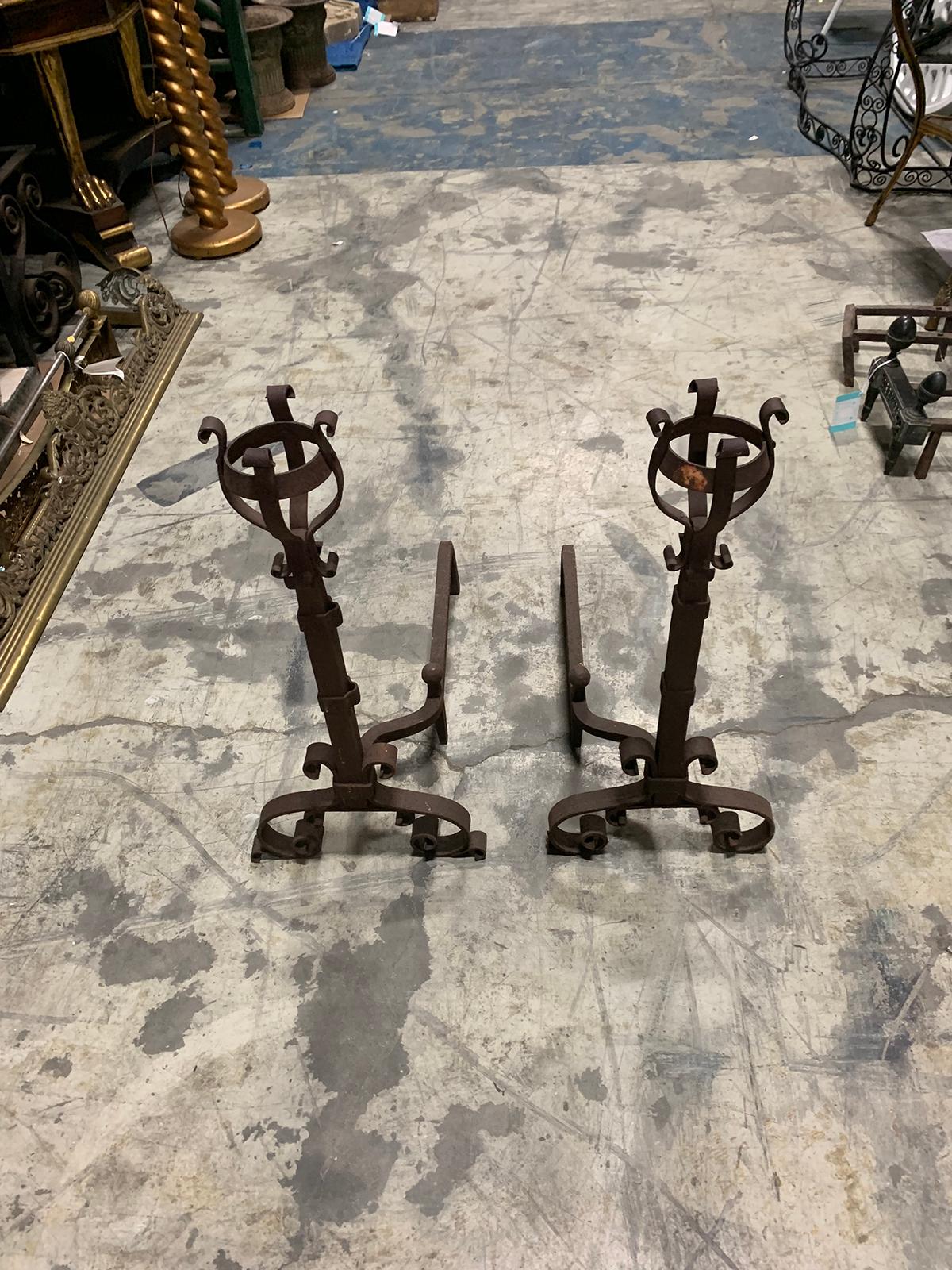 Pair of 19th-20th Century Iron Andirons with Port Warmers For Sale 13
