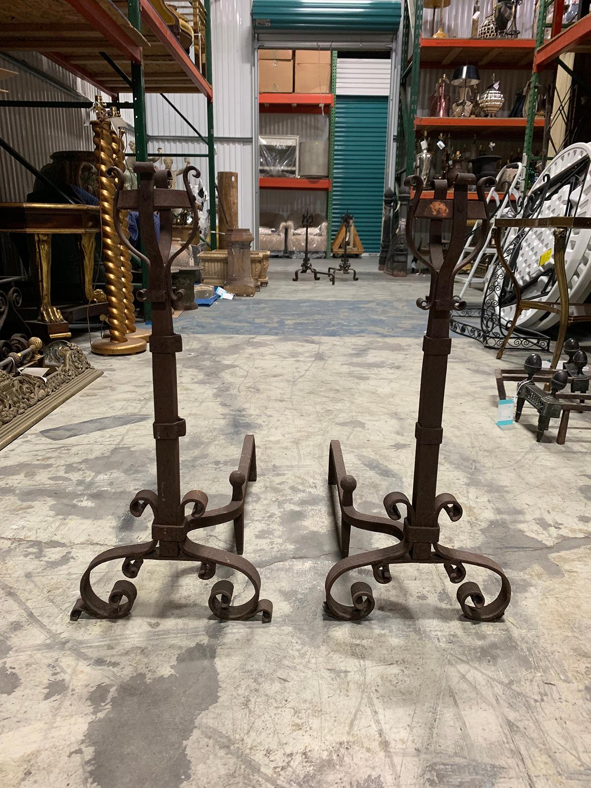 Pair of 19th-20th century iron andirons with port warmers.