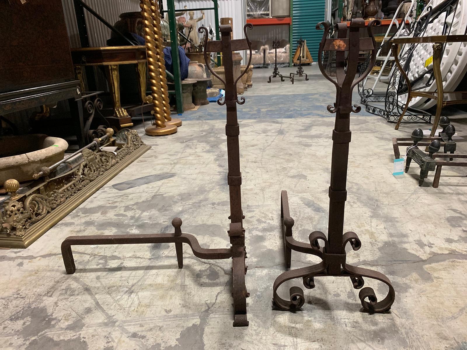 Pair of 19th-20th Century Iron Andirons with Port Warmers For Sale 1