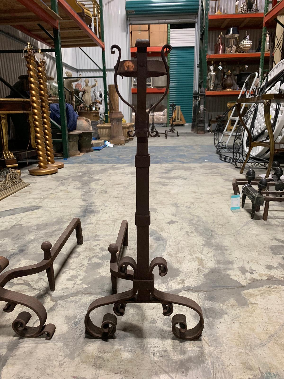 Pair of 19th-20th Century Iron Andirons with Port Warmers For Sale 4