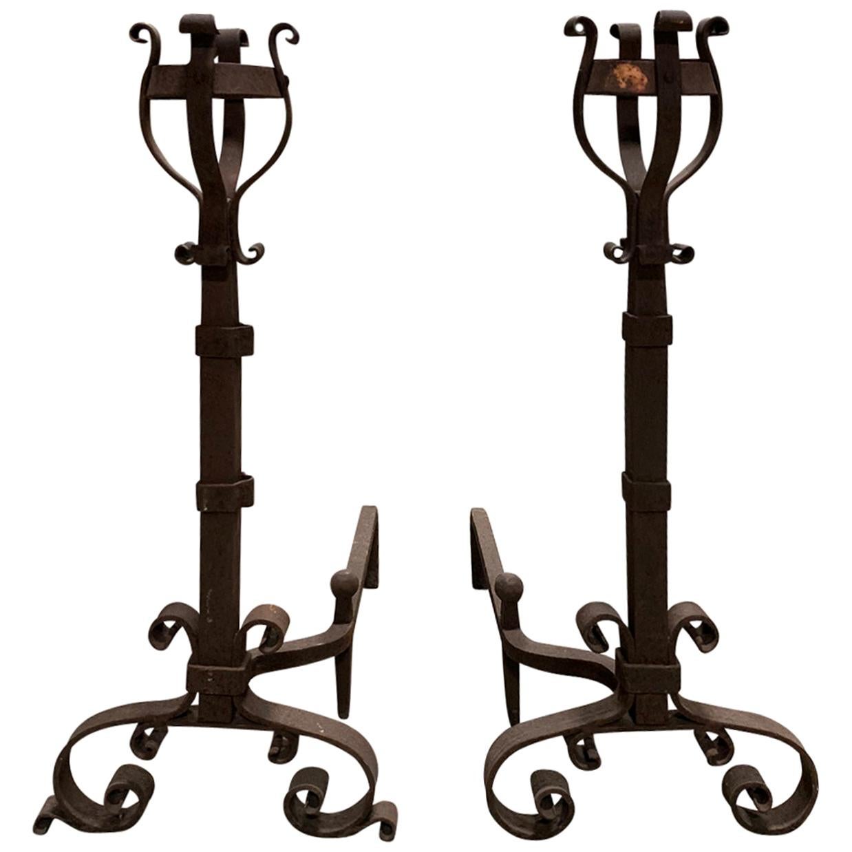 Pair of 19th-20th Century Iron Andirons with Port Warmers For Sale
