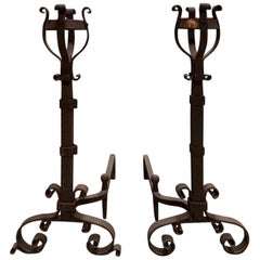 Pair of 19th-20th Century Iron Andirons with Port Warmers