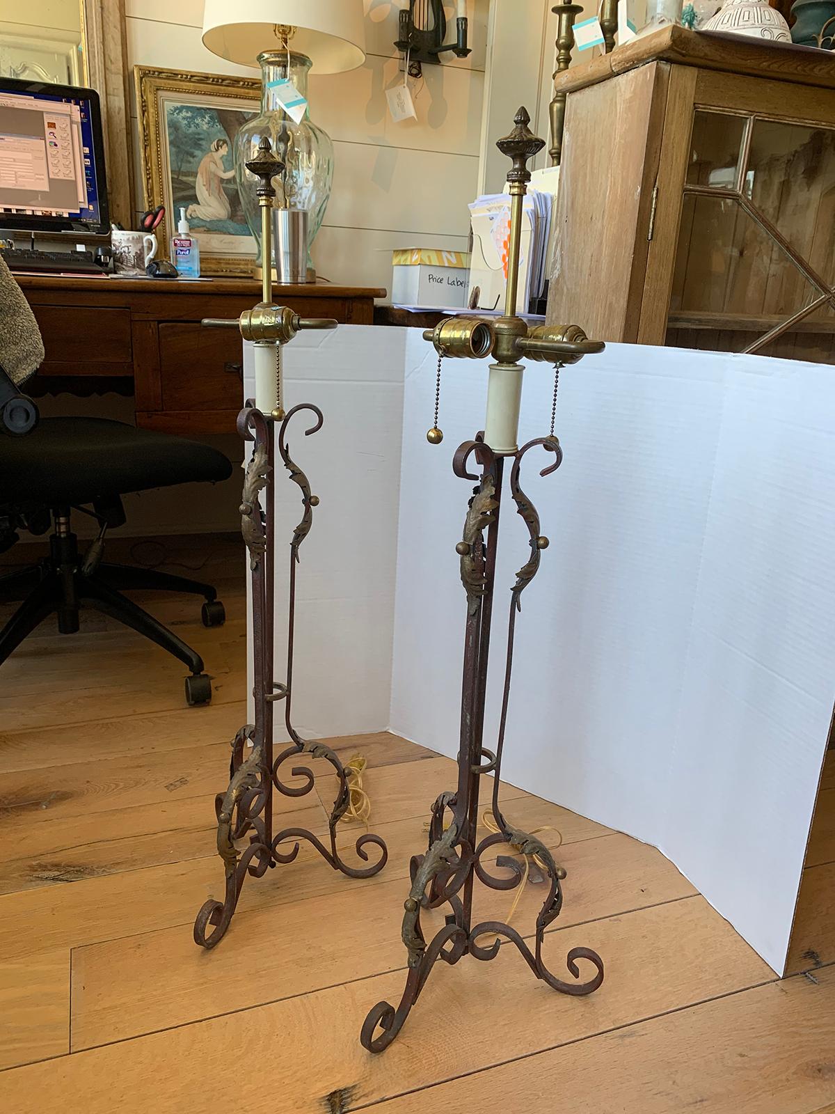 Pair of 19th-20th Century Iron Candlesticks with Gilt Details as Lamps For Sale 6