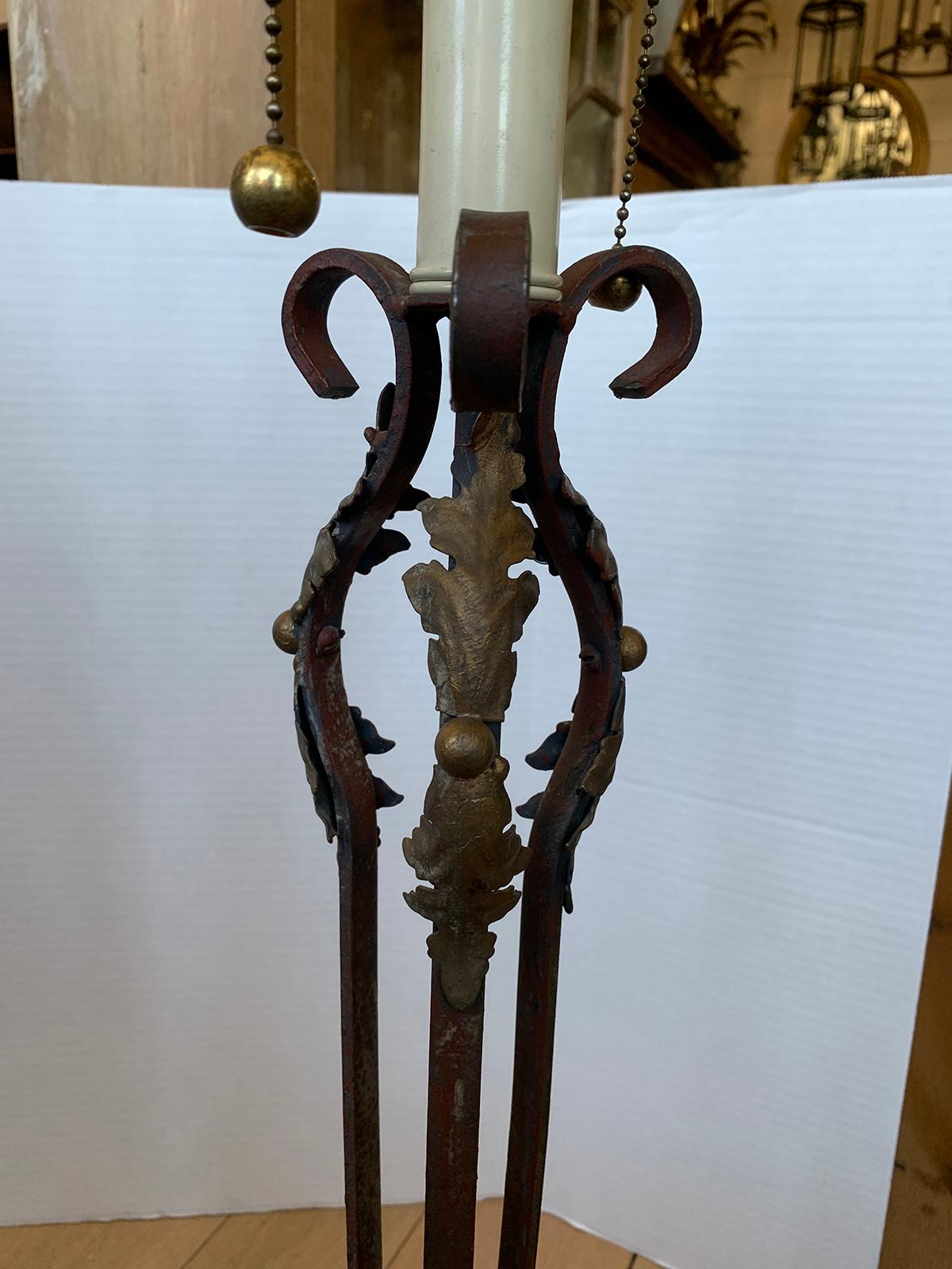 Pair of 19th-20th Century Iron Candlesticks with Gilt Details as Lamps For Sale 10