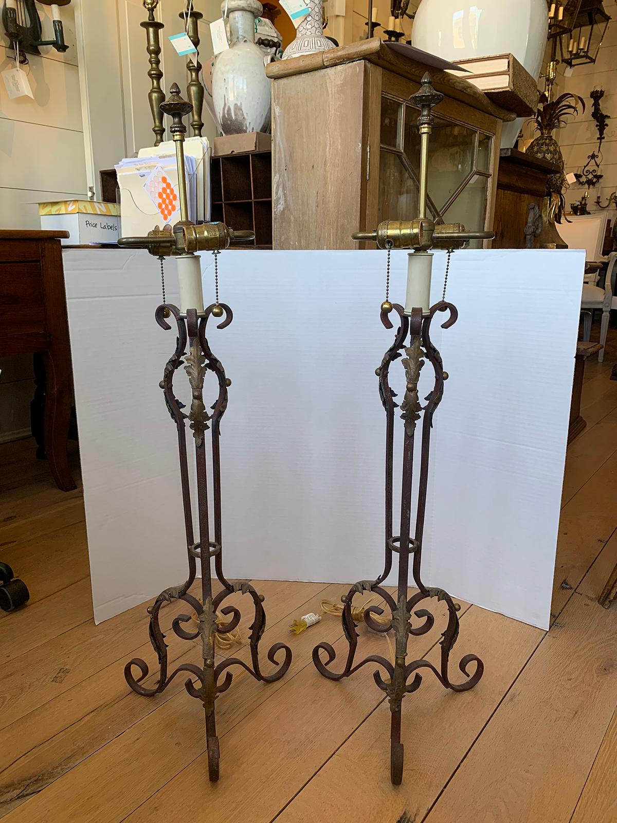 Pair of 19th-20th Century Iron Candlesticks with Gilt Details as Lamps For Sale 3